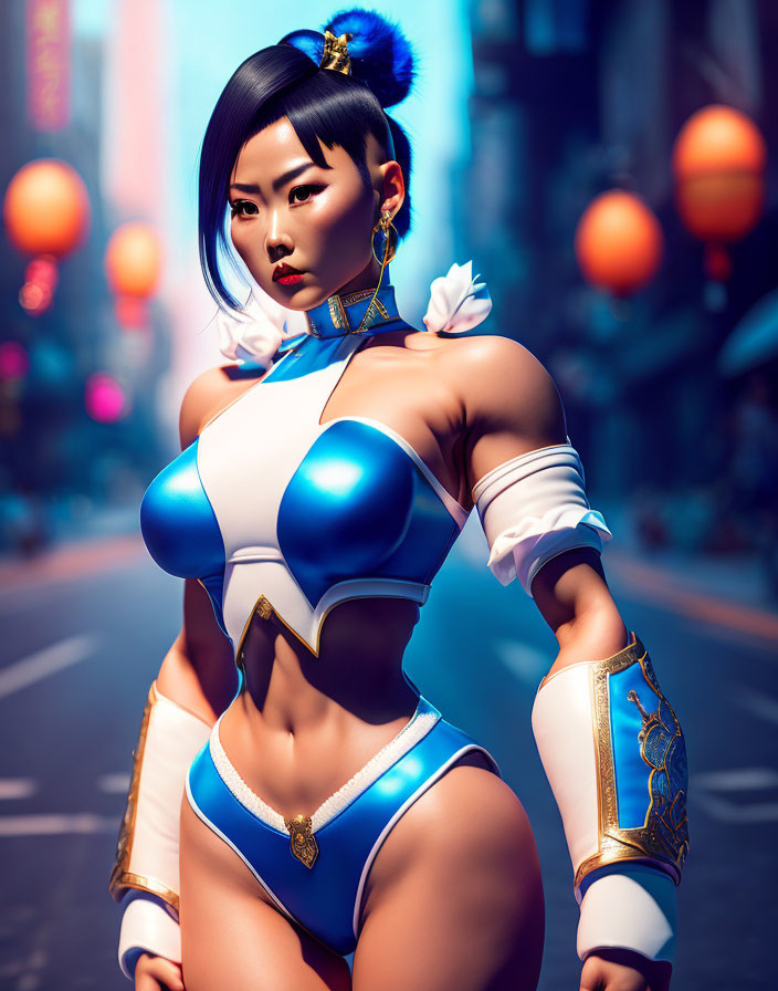 Futuristic digital artwork of a woman in white and blue costume in neon-lit urban setting