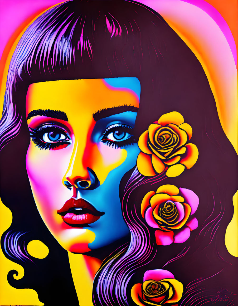 Colorful portrait of a woman with eye makeup and yellow roses in neon pink, yellow, and blue