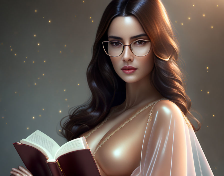 Portrait of woman with long hair, glasses, shawl, holding open book, sparkles background