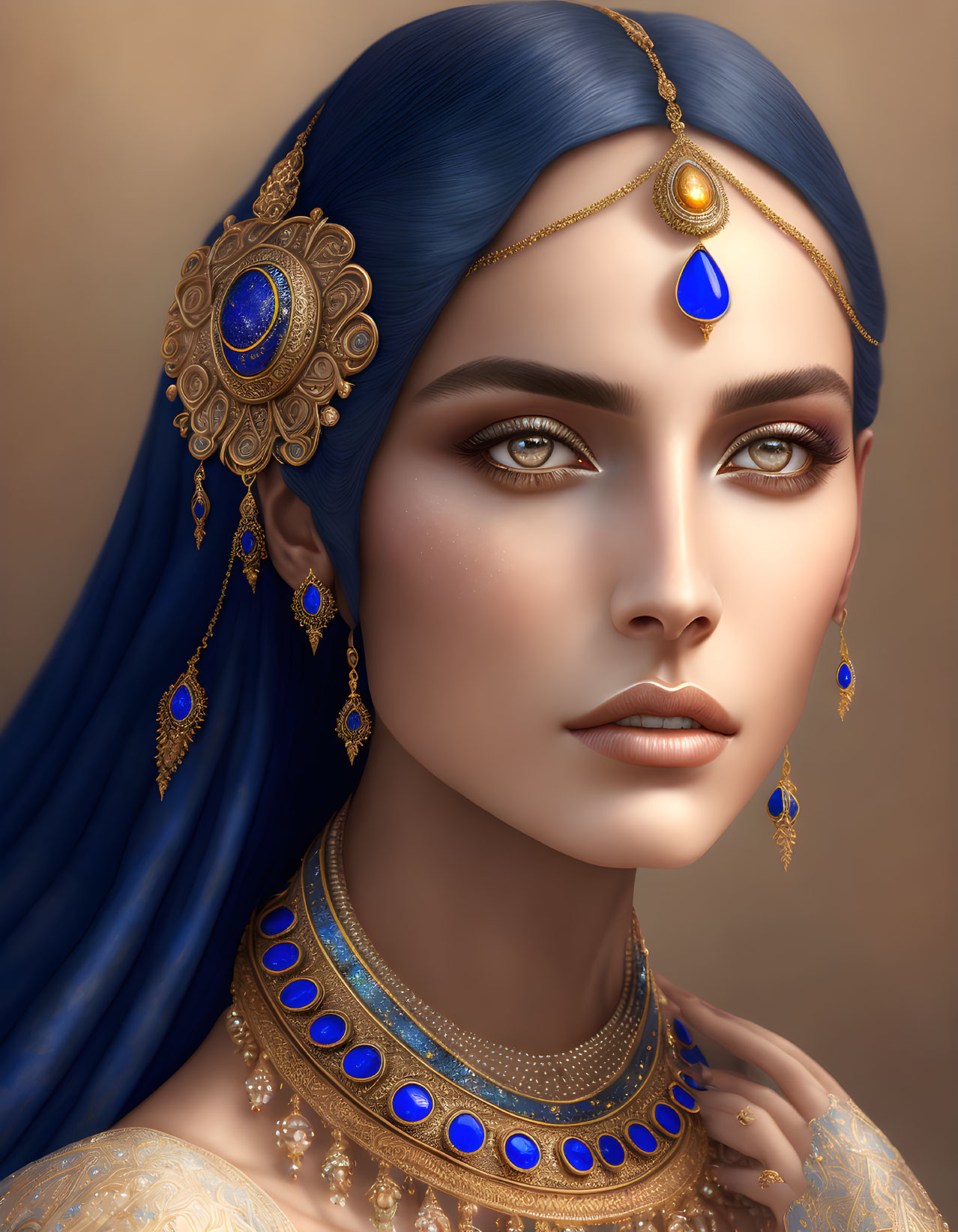 Portrait of woman with blue hair and golden & blue jewelry on tan background