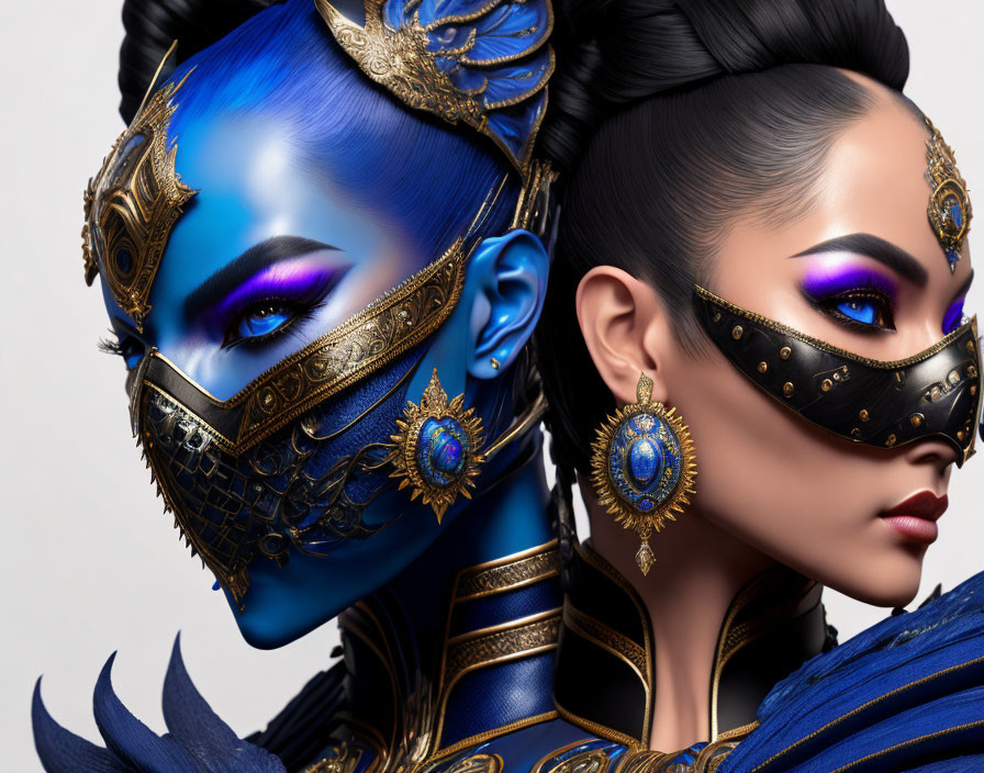 Women in ornate masks and headdresses with blue skin and feathers in luxurious fantasy aesthetic.