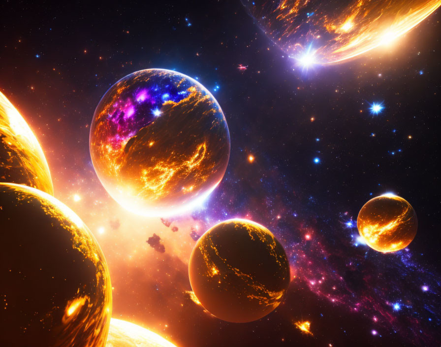 Colorful Space Scene with Glowing Planets and Nebulae