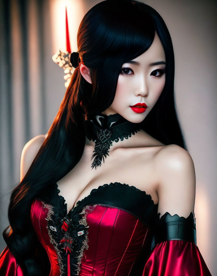 Long-haired woman in red and black corset with lace choker and floral hair accessory