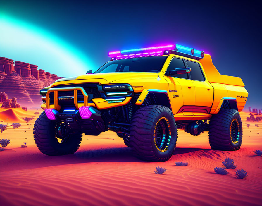 Yellow Off-Road Vehicle with Neon Lights in Desert Dusk