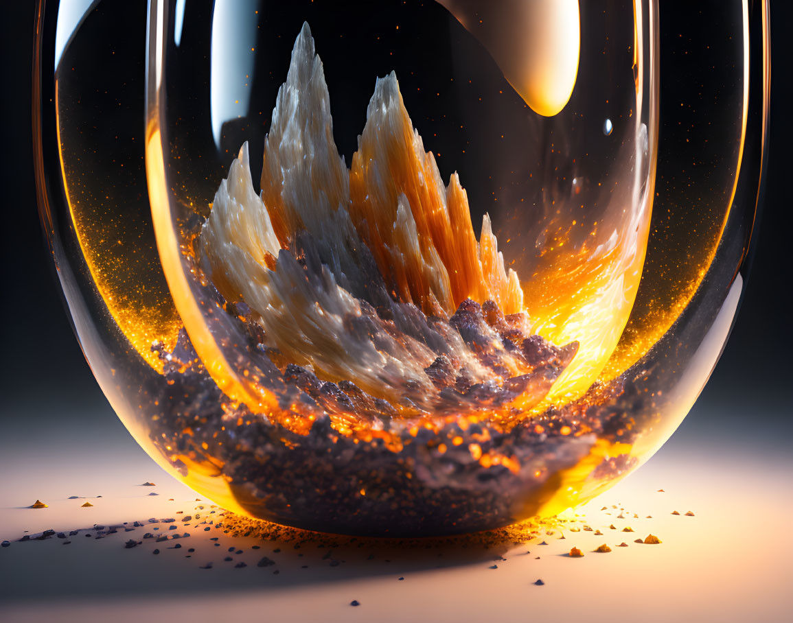 Shimmering crystal formation in transparent sphere with orange and gold glow