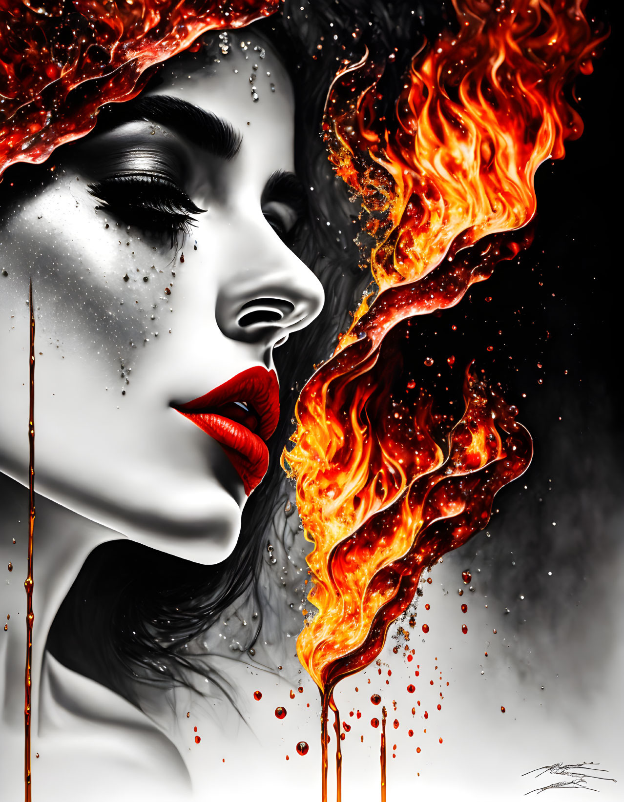 Surreal artwork: woman's profile with fiery hair & speckled skin