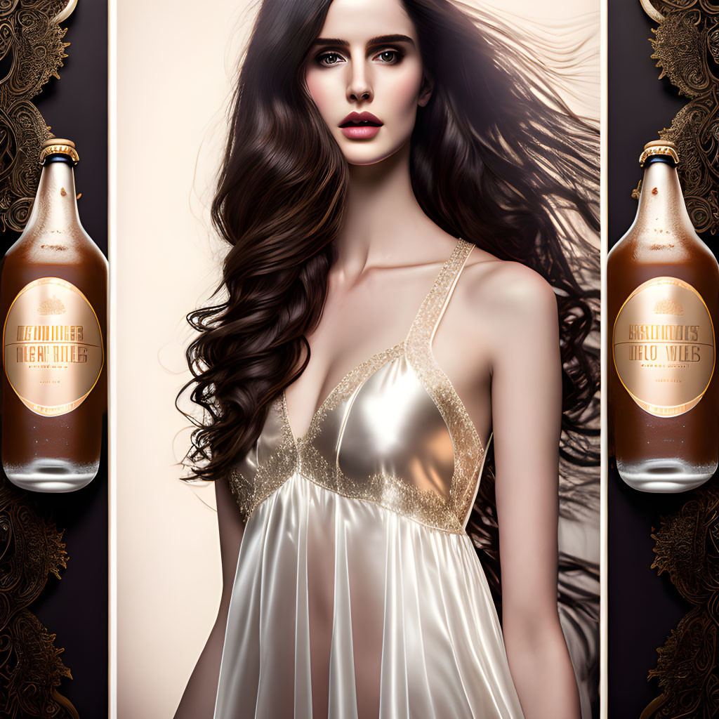 Elegant woman in white and gold dress with beer bottles on dark ornate background