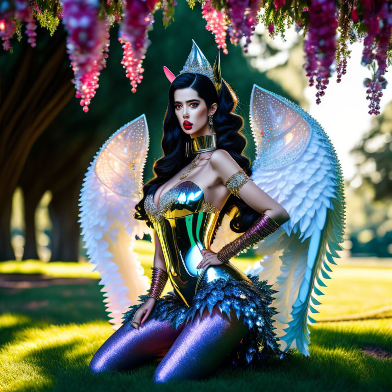 Woman in fantasy costume with wings and crown under flowering trees