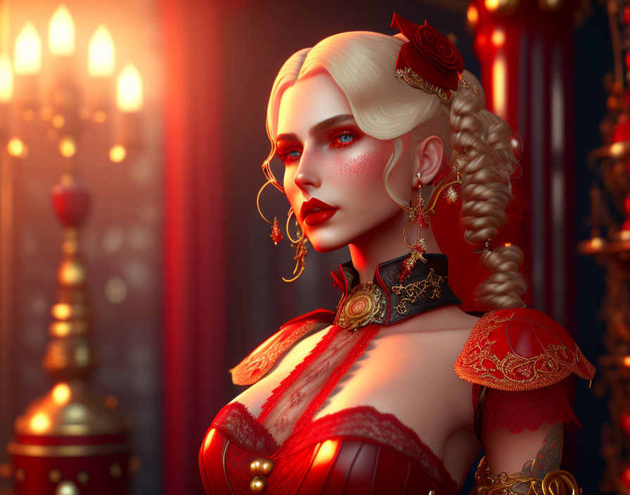 3D-rendered image of a woman with pale skin, blonde hair, red eyes, in red