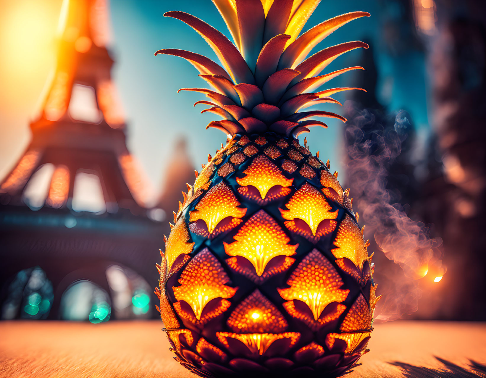 Glowing pineapple with Eiffel Tower background at twilight