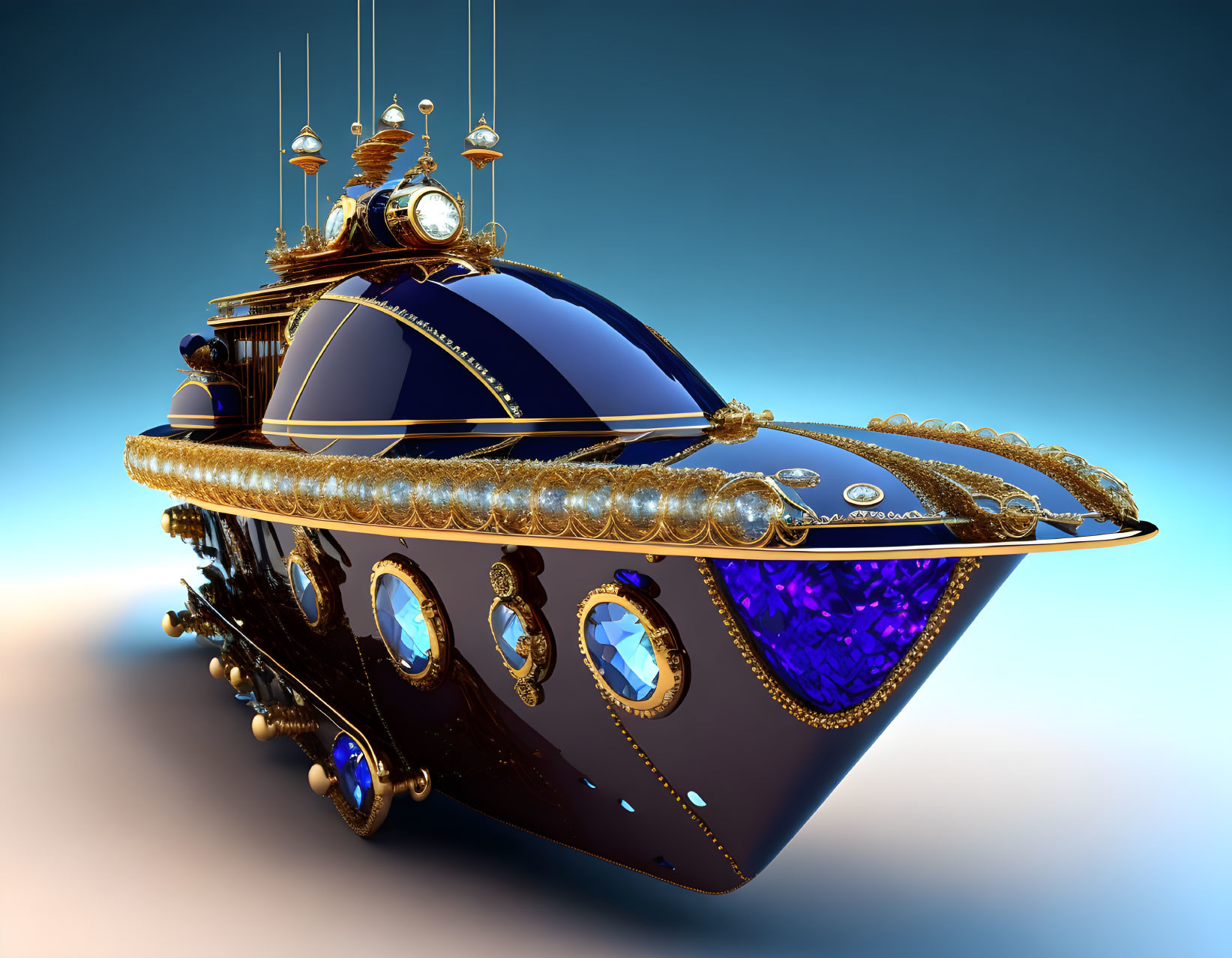 Ornate gold and blue airship with intricate details on blue background