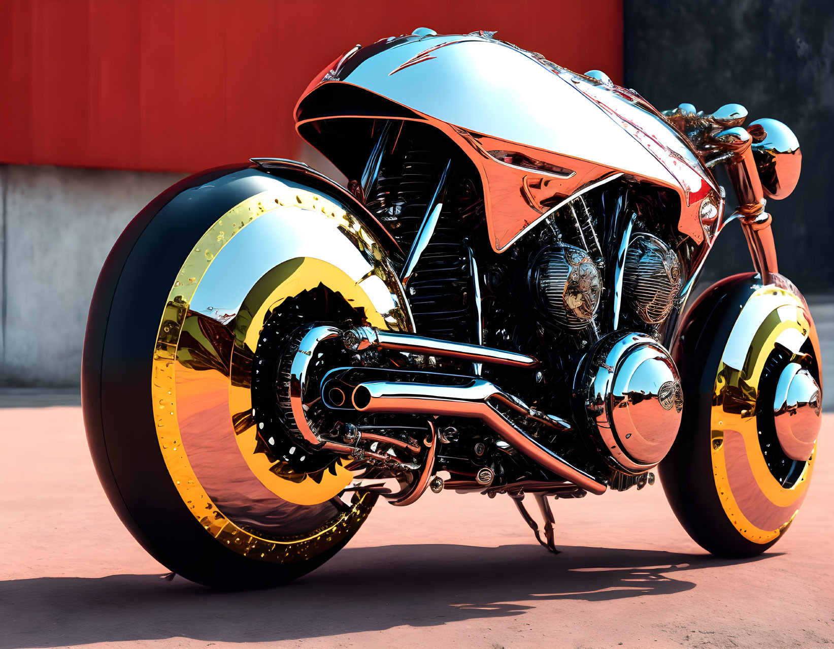 Reflective Orange Futuristic Motorcycle with Chrome and Gold Accents