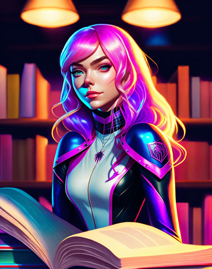 Digital Art: Woman with Pink and Blue Hair in Futuristic Armor Reading Book