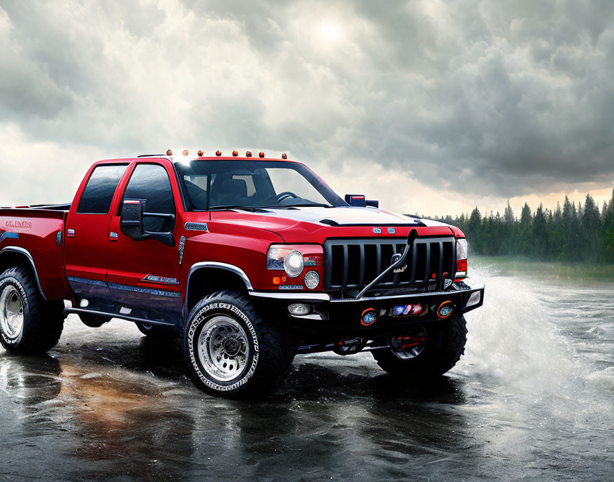 Red Pickup Truck with Black Grille Off-Roading in Rain