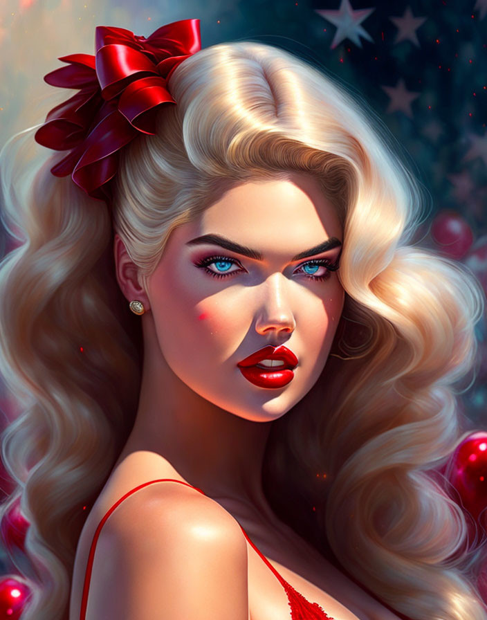 Blonde Woman with Blue Eyes and Red Ribbon in Digital Art