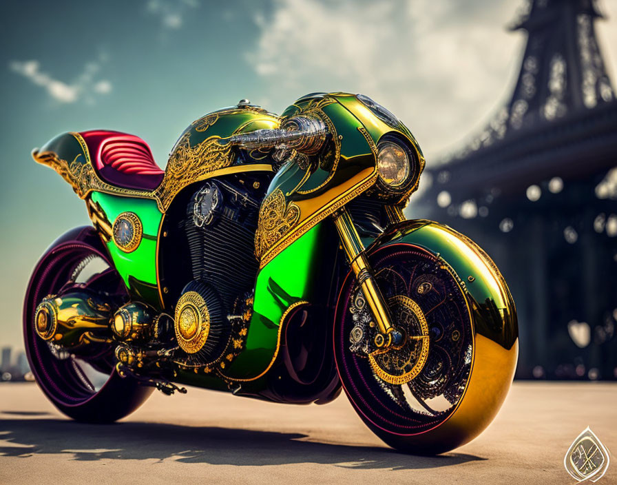 Custom motorcycle with gold and green details near Eiffel Tower