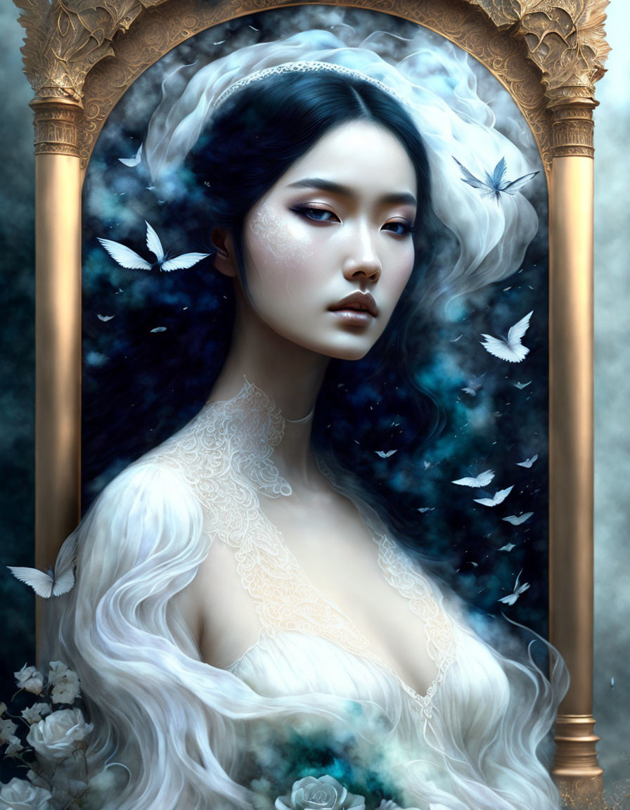 Ethereal woman portrait with starry background and golden arch