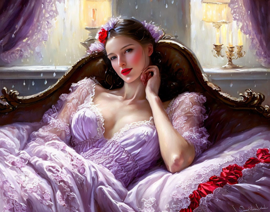 Serene woman in lavender dress reclining on luxurious bed