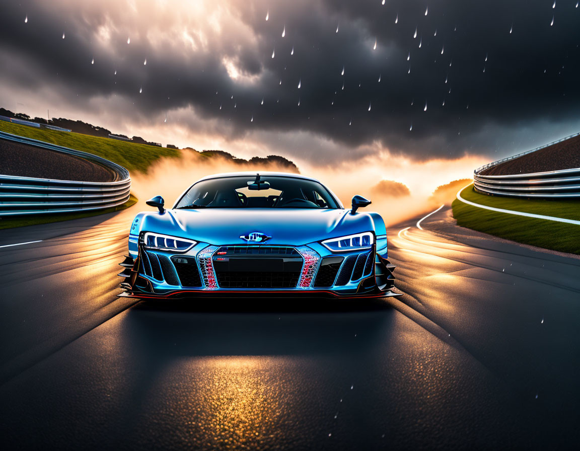 Blue sports car racing on stormy racetrack with light trails and raindrops