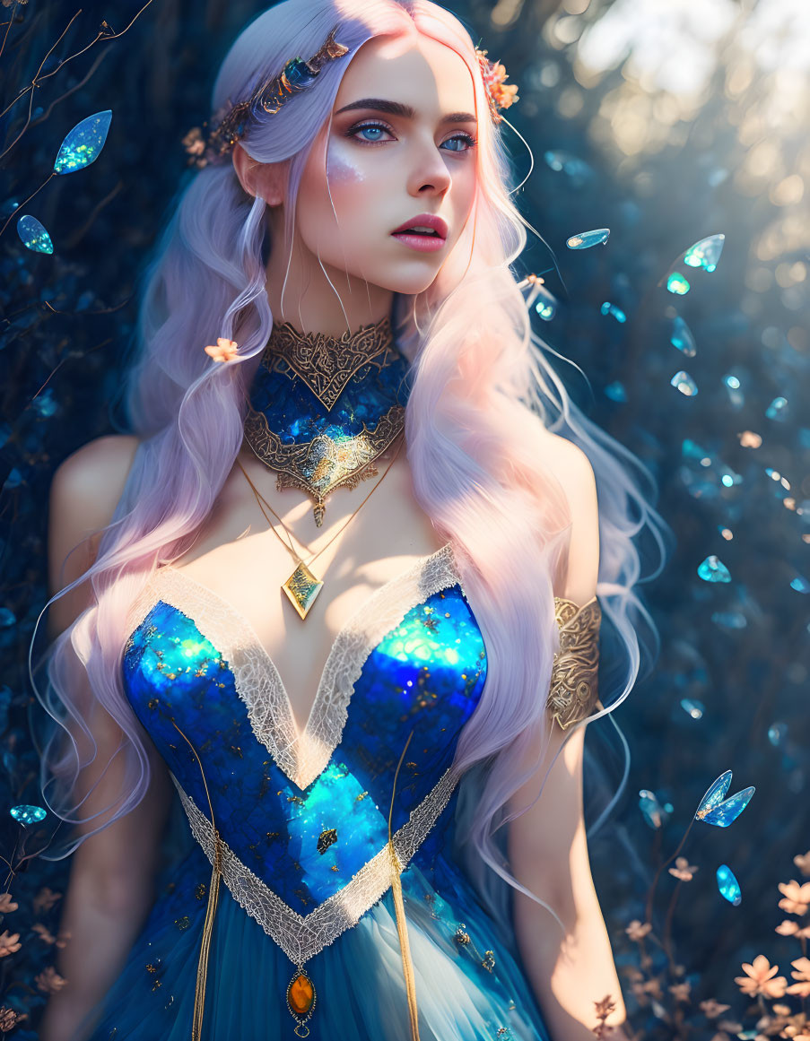 Pastel Purple Hair Woman in Blue Corset with Floral and Golden Accessories