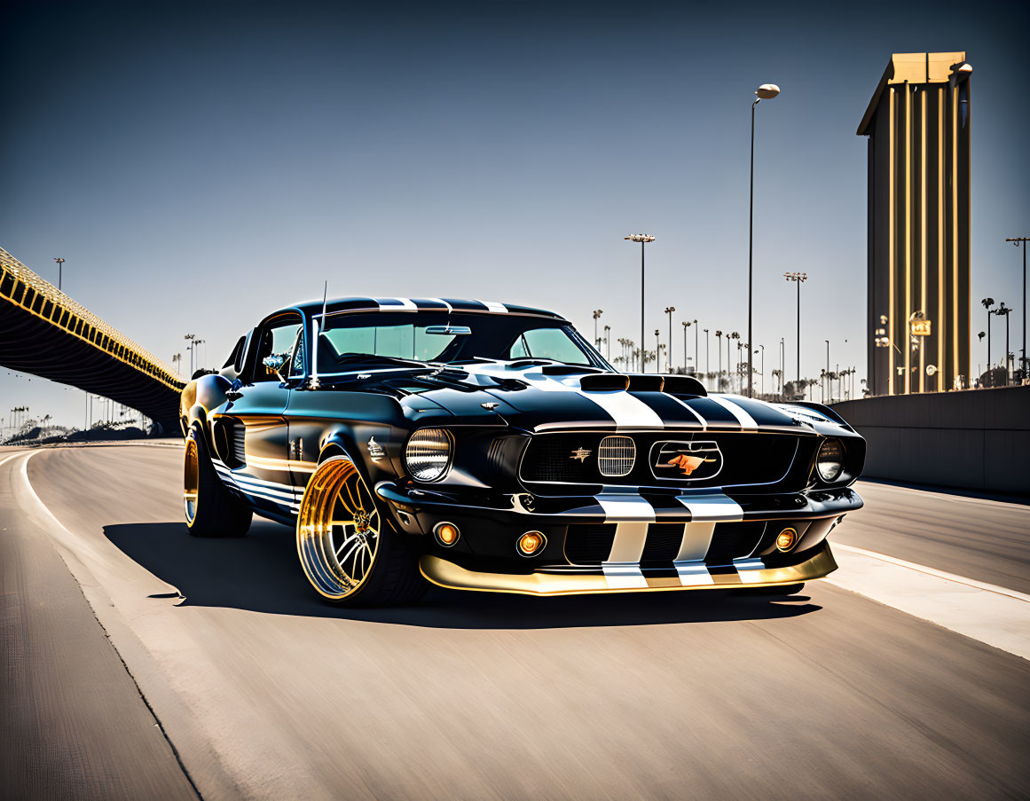 Vintage Black Mustang with Racing Stripes on Asphalt Road with Bridge and High-Rise Building