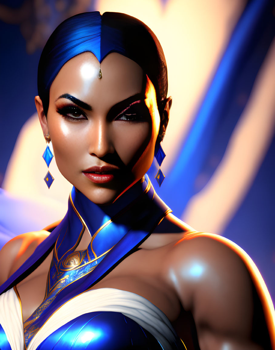 Futuristic 3D rendering of woman with exotic makeup and forehead jewel in blue and gold attire