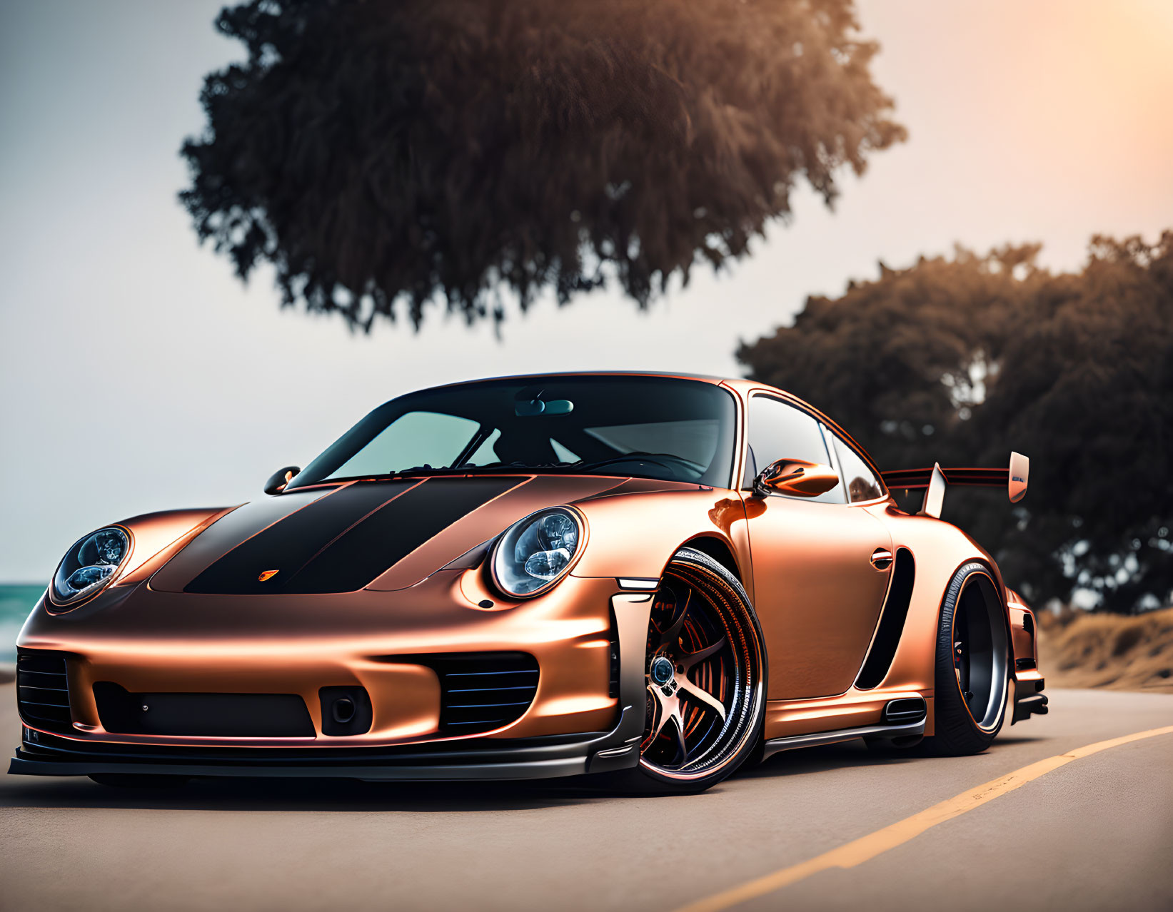 Metallic Bronze Porsche with Black Stripes and Performance Modifications