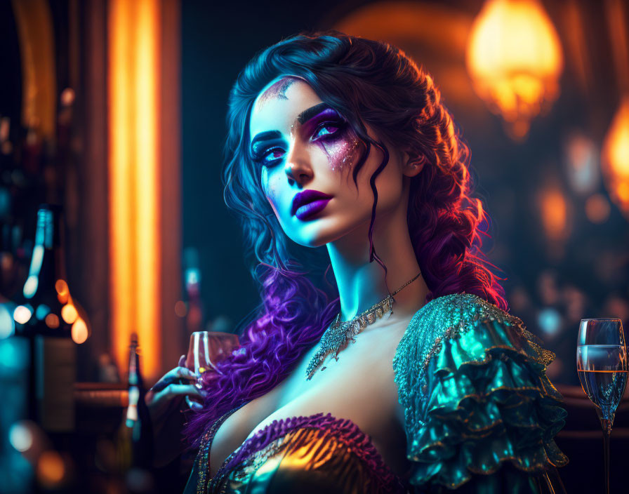 Woman with Purple Hair in Metallic Dress and Wine Glass in Luxurious Bar Setting