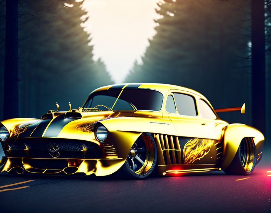 Vintage car with yellow and black paint, flame decals, and rear fins, showcased in dark forest.