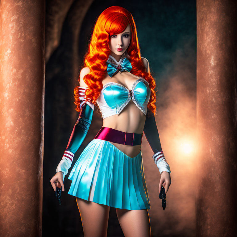 Cosplayer with Bright Orange Hair in Blue Outfit