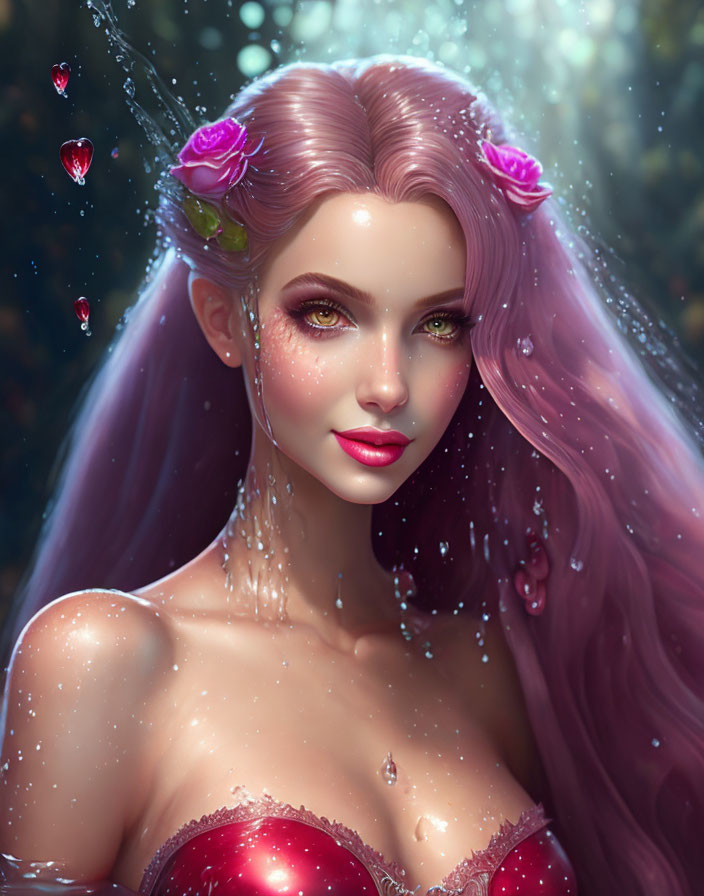 Fantasy digital artwork of woman with pink hair in forest setting