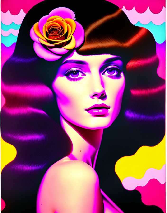 Colorful digital portrait of woman with voluminous hair and flower, set against psychedelic background.