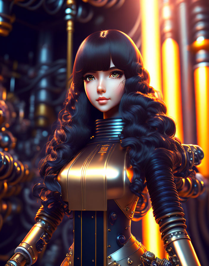 Illustrated robotic figure with human-like face and curly hair against glowing vertical pipes