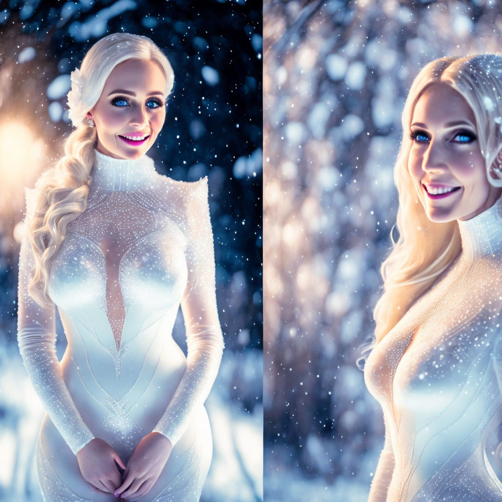 Blonde woman in white dress smiles in snowy winter scene