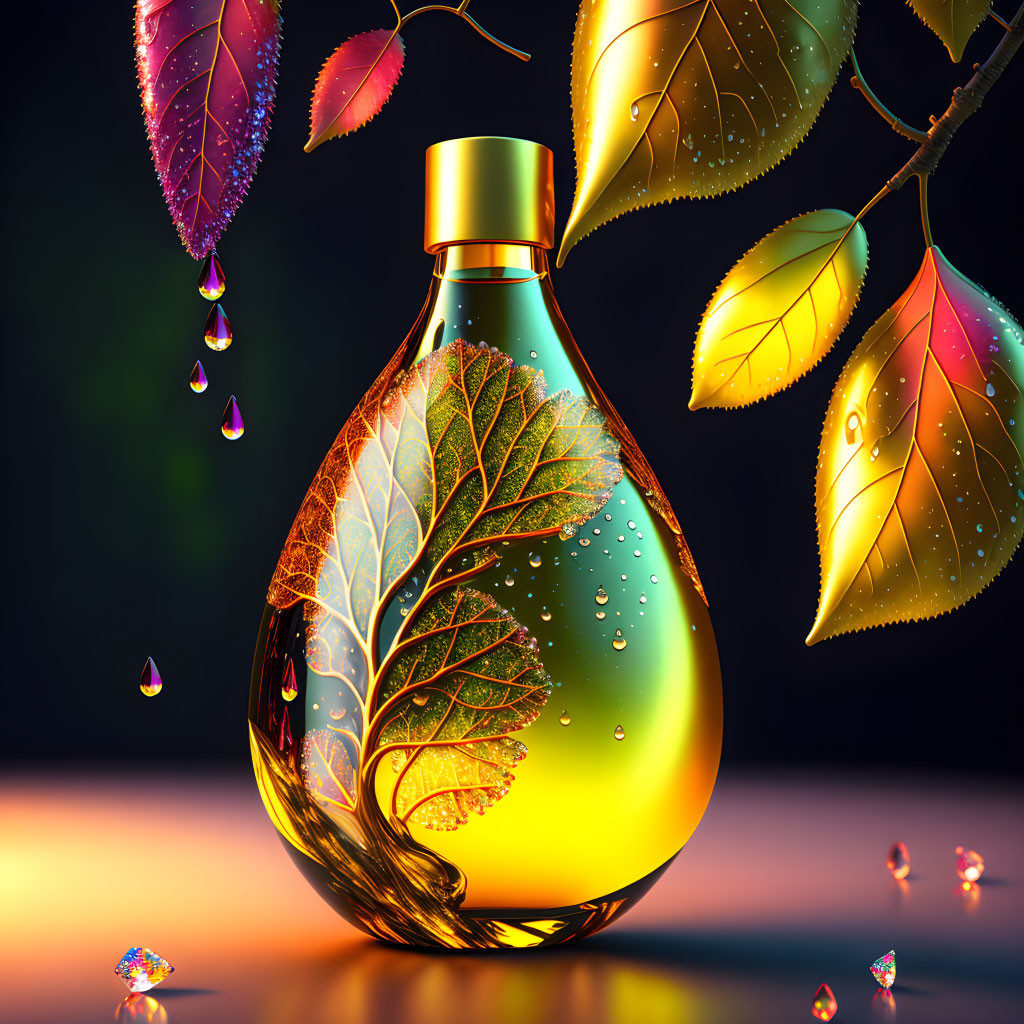 Vibrant leaf design perfume bottle with water droplets on dark background