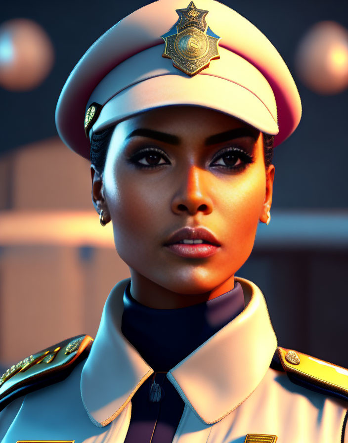 Digital artwork of confident woman in detailed police uniform and cap with badge on chest, set against dark background