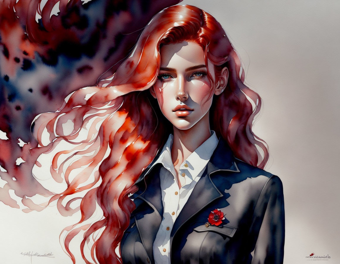 Stylized digital artwork of woman with red hair and blue shirt, featuring watercolor-like background