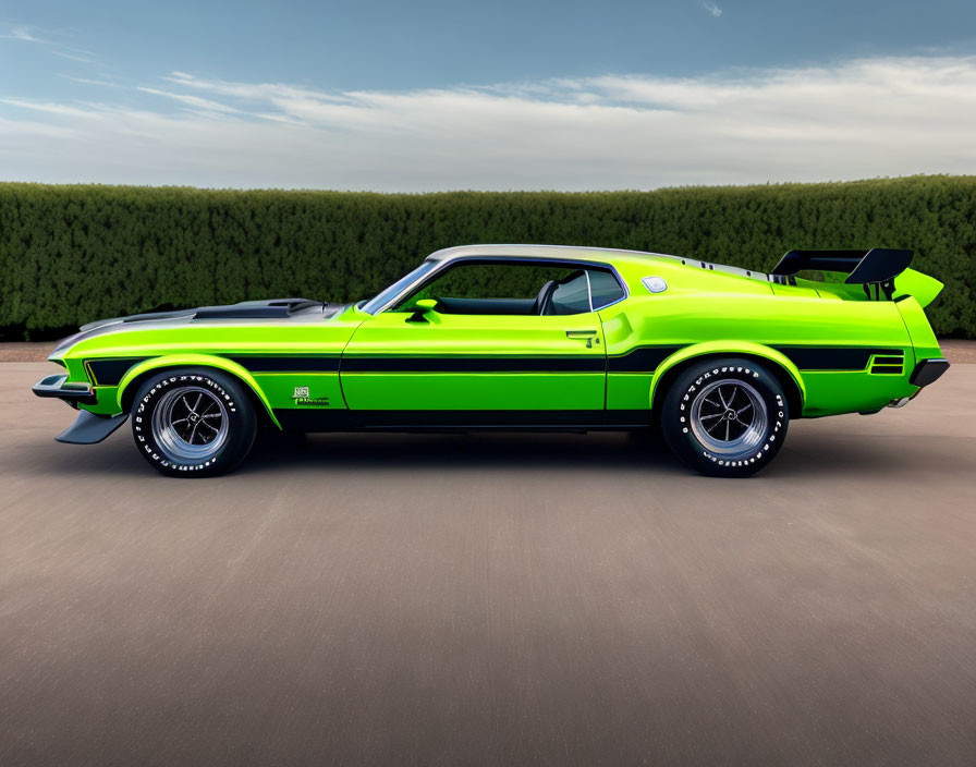 Bright Green Muscle Car with Black Stripes and Spoiler Parked Against Hedge