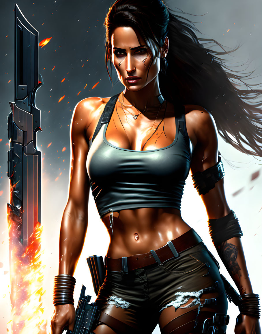 Muscular woman with futuristic weapon in fiery backdrop