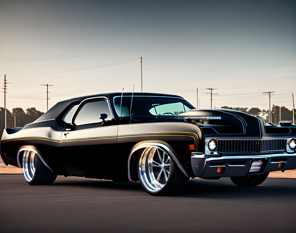 Vintage Black Muscle Car with White Stripes and Chrome Details at Dusk