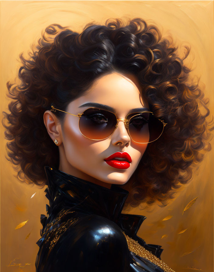 Illustration of woman with curly hair, aviator sunglasses, red lipstick, black outfit with gold details