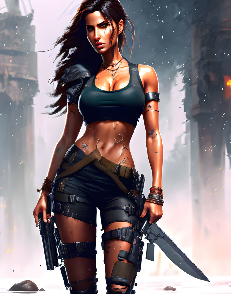 Dark-haired female warrior in black combat attire with guns and knife in dystopian setting