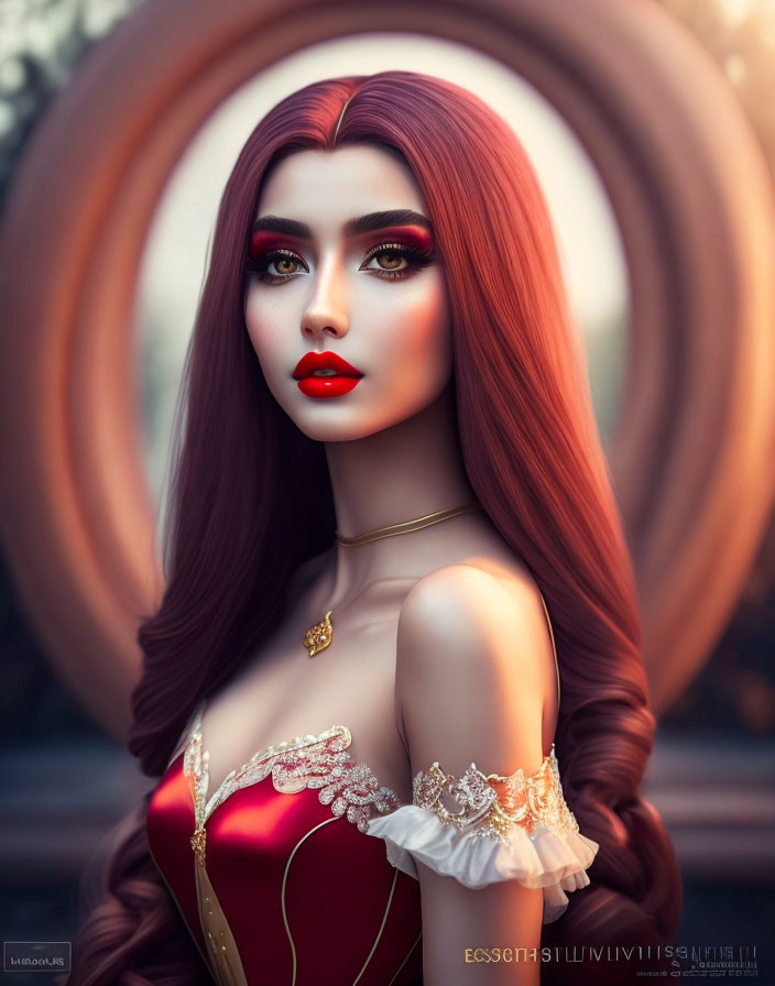 Digital artwork: Woman with long red hair in red and gold corset dress