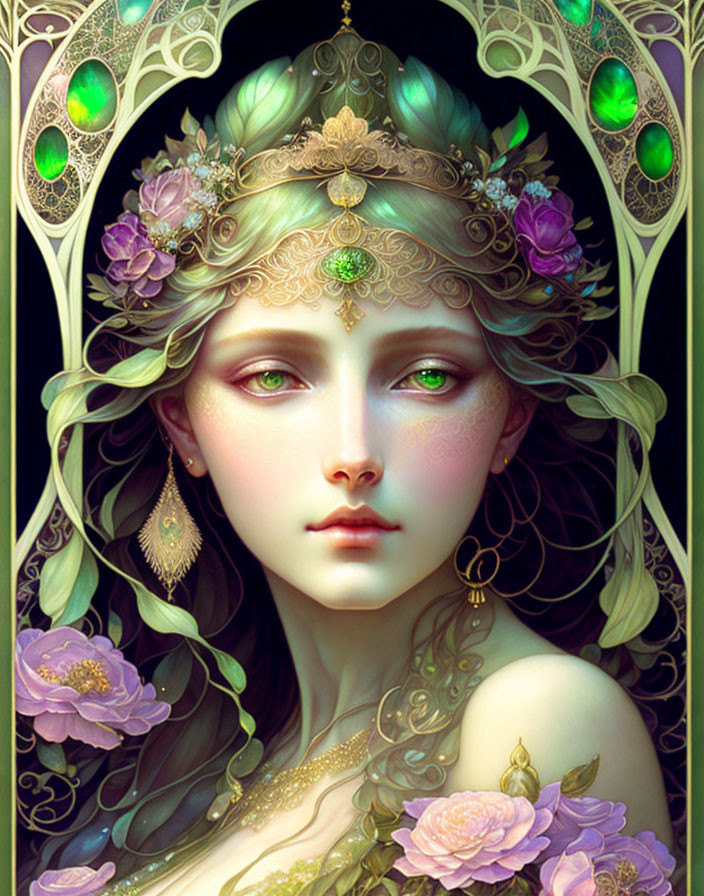 Ethereal woman with green eyes, jeweled headdress, gold filigree, purple flowers