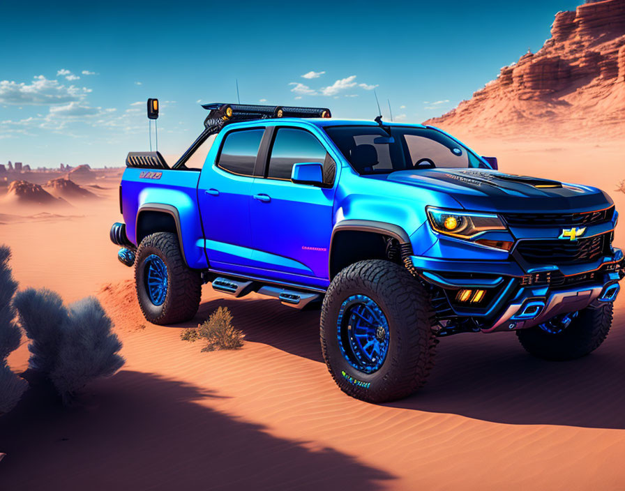 Blue Chevrolet Pickup Truck with Off-Road Modifications Parked on Desert Sand Dunes