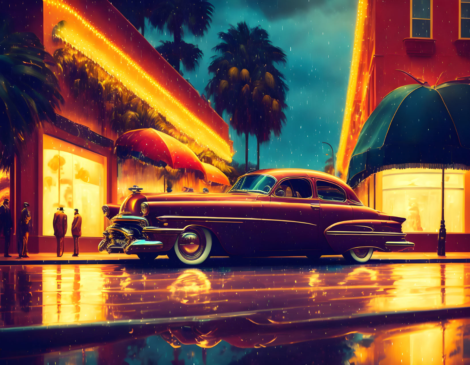 Vintage car parked on wet street with neon lights and silhouettes at dusk