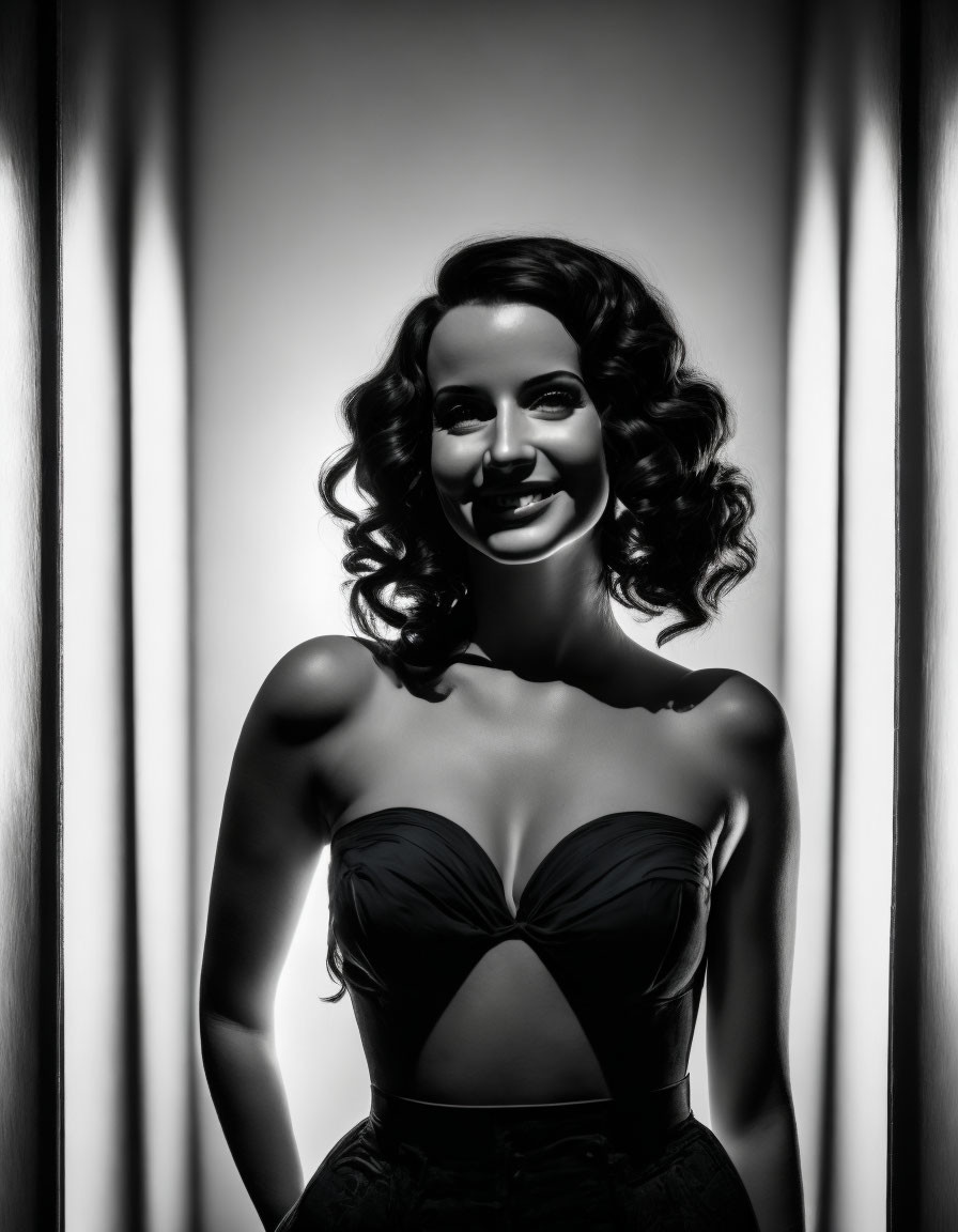 Monochrome portrait: smiling woman with curly hair in vintage attire amid vertical light stripes