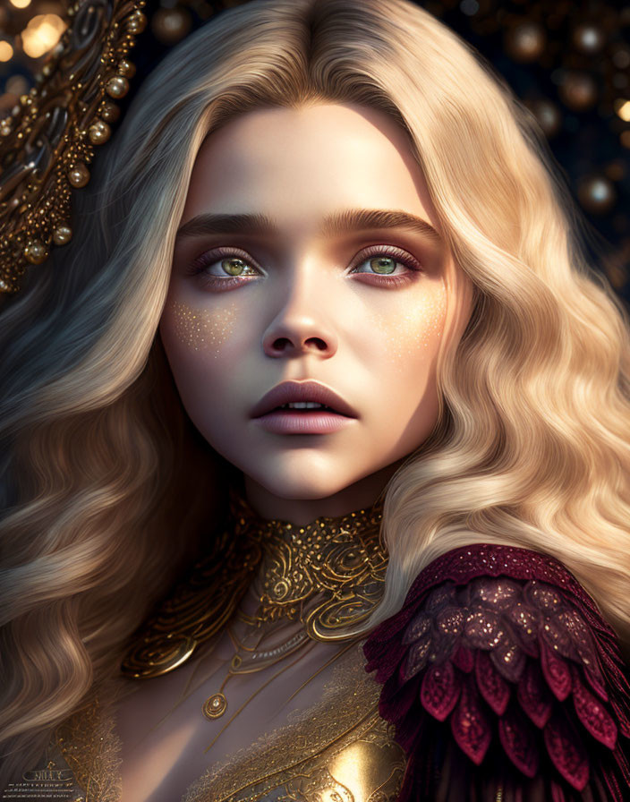 Digital Artwork: Woman with Blonde Hair, Green Eyes, Gold Jewelry