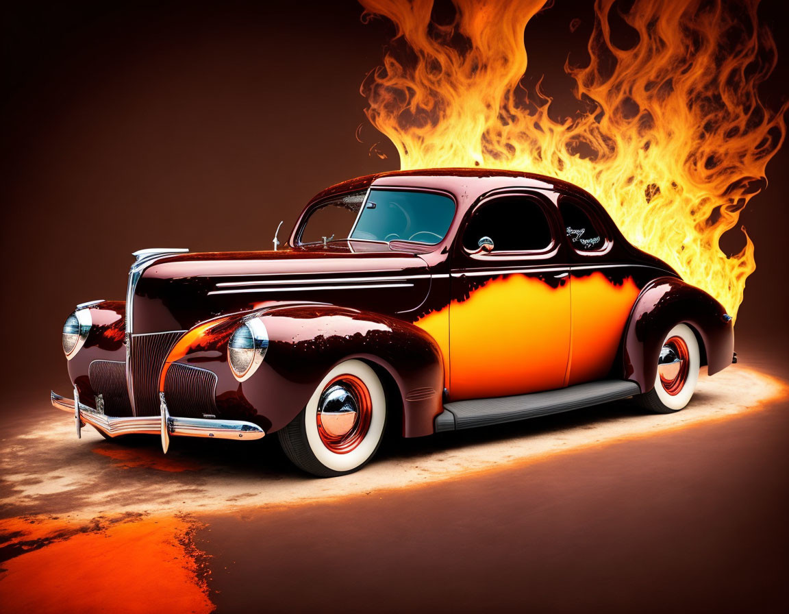 Custom classic car with black and orange flames on dark orange background