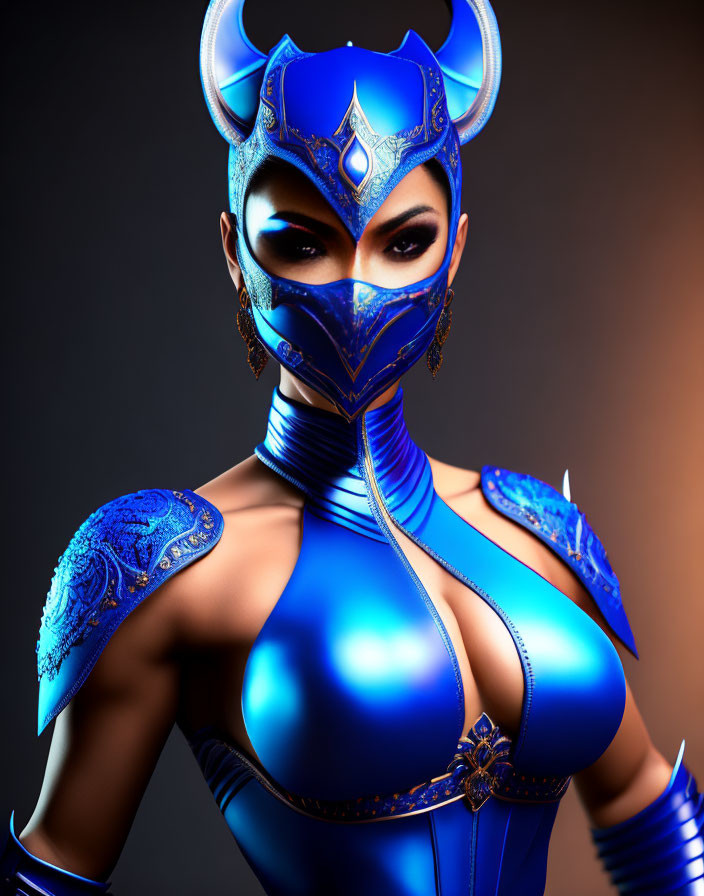 Futuristic 3D Render of Woman in Blue Costume with Armor and Horns